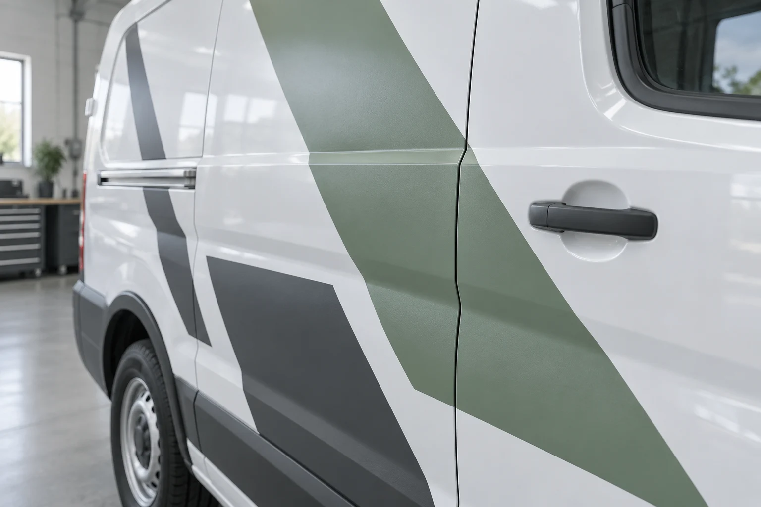 AI-sfeerbeeld van afgewerkte saliegroene en antraciete belettering op een witte bedrijfsbus