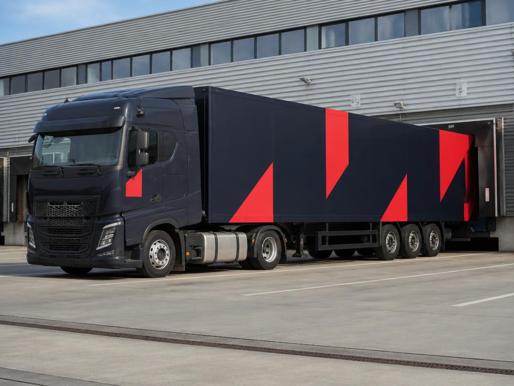 Beletterde vrachtwagen met oplegger