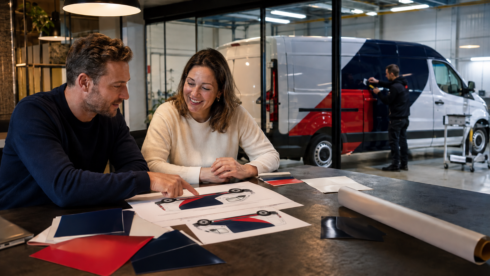 Sfeerbeeld van een ontwerpoverleg met voertuigschetsen en kleurstalen aan tafel